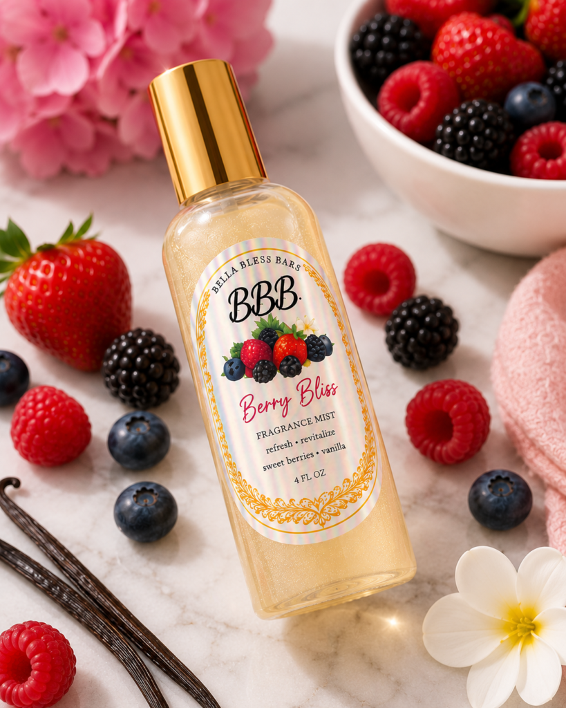 Berry Bliss Perfume Mist in a 4 fl oz spray bottle by Bella Bless Bars
