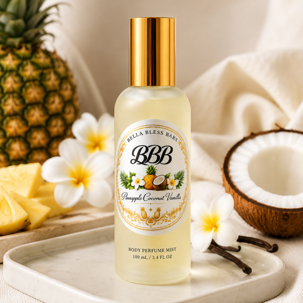 Bella Bless Bars Pineapple Coconut Vanilla Body Perfume Mist bottle with pineapple, coconut, vanilla, and tropical flowers