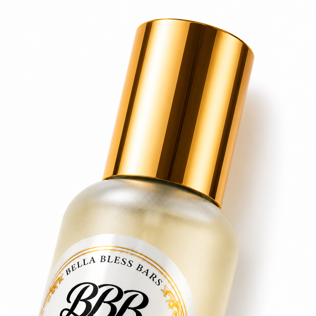 Gold cap and frosted bottle detail of Bella Bless Bars Pineapple Coconut Vanilla Perfume Mist