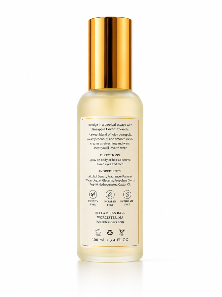 Back label of Bella Bless Bars Endless Summer Pineapple Coconut Vanilla Fragrance Mist, 4 FL OZ