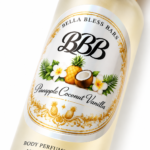 Close-up of Bella Bless Bars Pineapple Coconut Vanilla Body Perfume Mist label