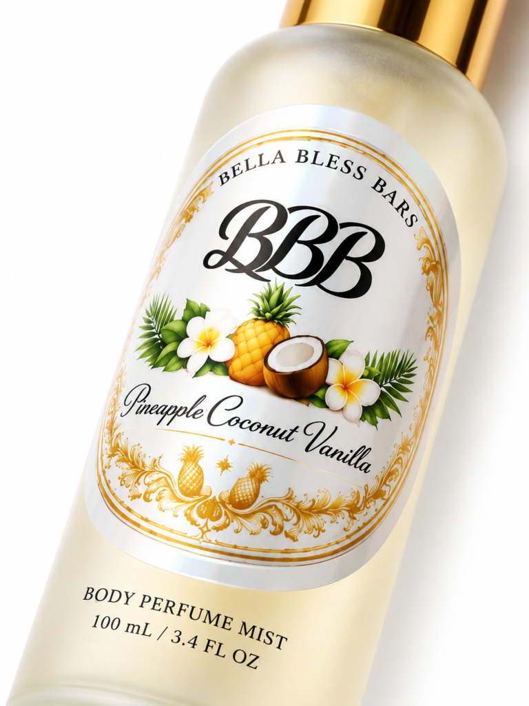 Close-up of Bella Bless Bars Pineapple Coconut Vanilla Body Perfume Mist label