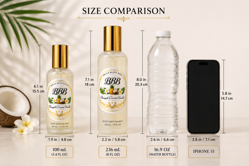 Size comparison of Bella Bless Bars 4 FL OZ fragrance mist beside a phone, water bottle, and perfume bottle