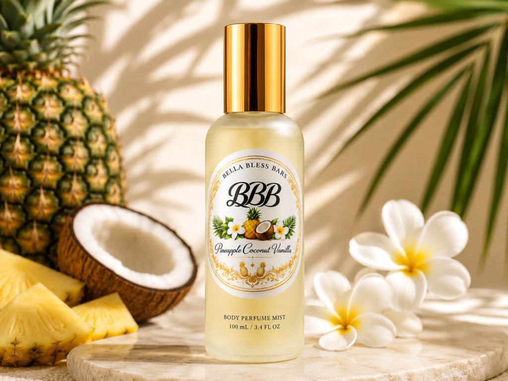 Bella Bless Bars Pineapple Coconut Vanilla Fragrance Mist displayed with coconut and tropical flowers