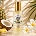 Bella Bless Bars Pineapple Coconut Vanilla Fragrance Mist displayed with coconut and tropical flowers